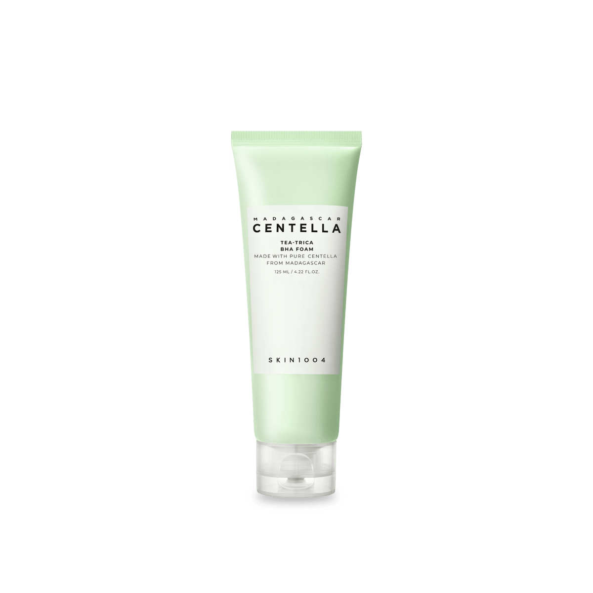 Light green tube of gentle cleansing foam with white label featuring centella and BHA on white background