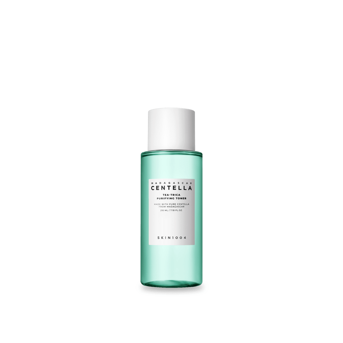 Blue-green translucent bottle of purifying toner with white label and white cap on plain background