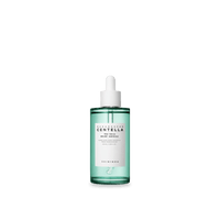 Clear green glass dropper bottle containing calming tea tree relief ampoule serum on white background