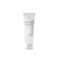 White tube of tone brightening cleansing gel foam with minimalistic text design on a transparent background