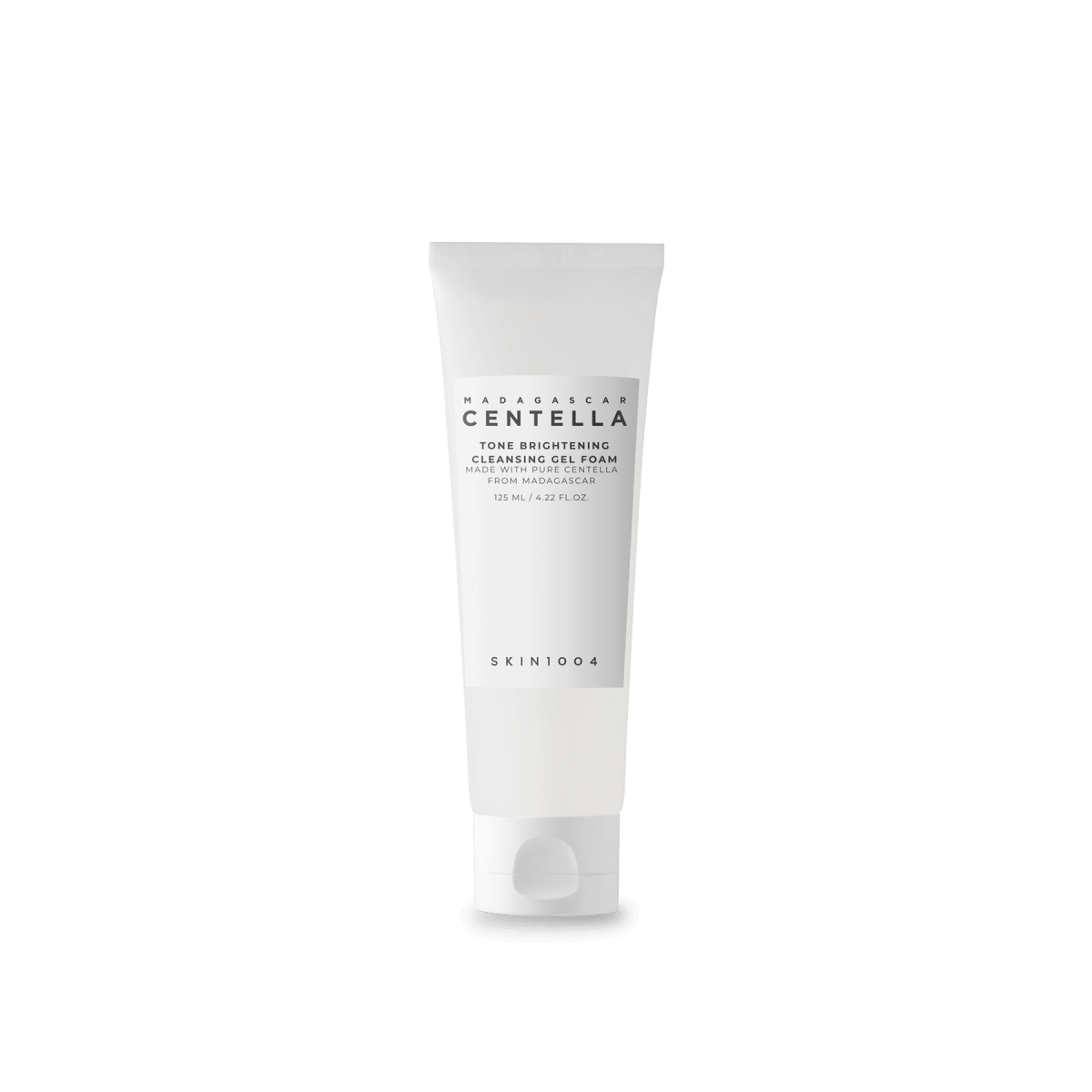 White tube of tone brightening cleansing gel foam with minimalistic text design on a transparent background