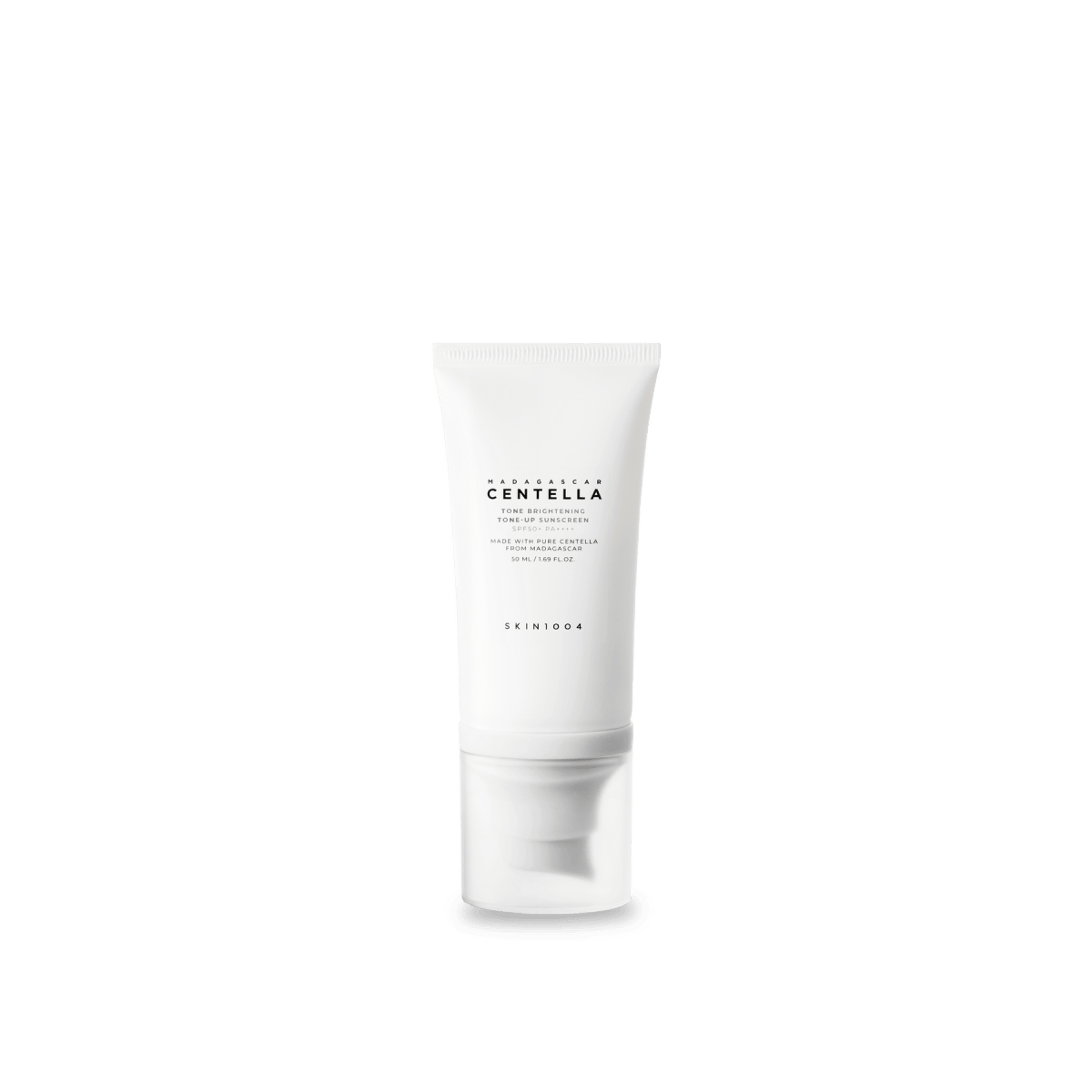 White tube of tone brightening sunscreen with broad-spectrum protection on plain background