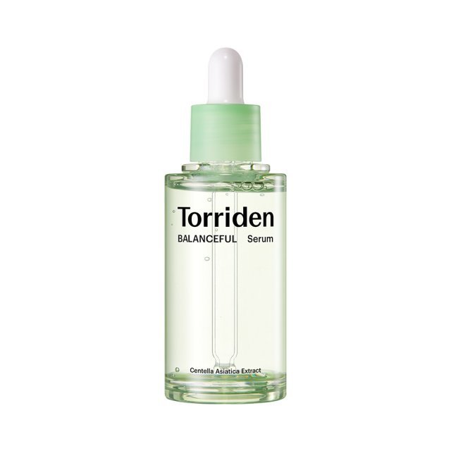 Torriden Balanceful Cica Calming Serum 50ml in clear bottle with green dropper for hydration boost and soothing care