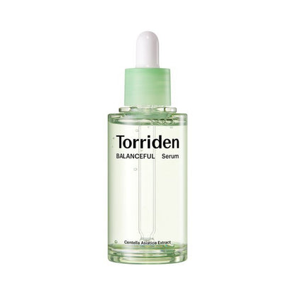 Torriden Balanceful Cica Calming Serum 50ml in clear bottle with green dropper for hydration boost and soothing care