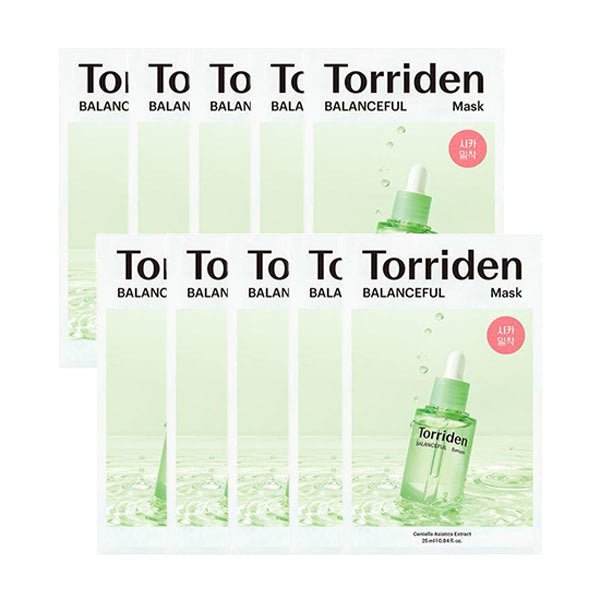 Torriden Balanceful Cica Mask Sheet 10ea packets with green serum dropper image highlighting moisture replenishment benefits