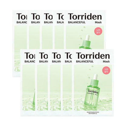 Torriden Balanceful Cica Mask Sheet 10ea packets with green serum dropper image highlighting moisture replenishment benefits