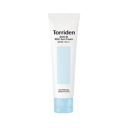 Torriden DIVE IN Mild Suncream 60ml (SPF 50+ PA++++) in white tube with blue cap for high sun protection
