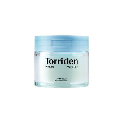 Torriden Dive-In Multi Pad 80 Pads in clear jar with blue lid for instant hydration using low molecular hyaluronic acid