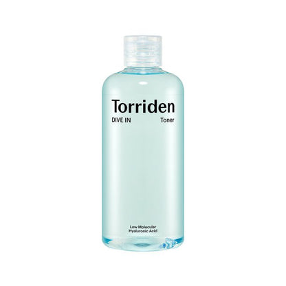 Torriden Dive-In Low Molecular Hyaluronic Acid Toner 300ml in clear bottle with hydrating formula for refreshing skin care
