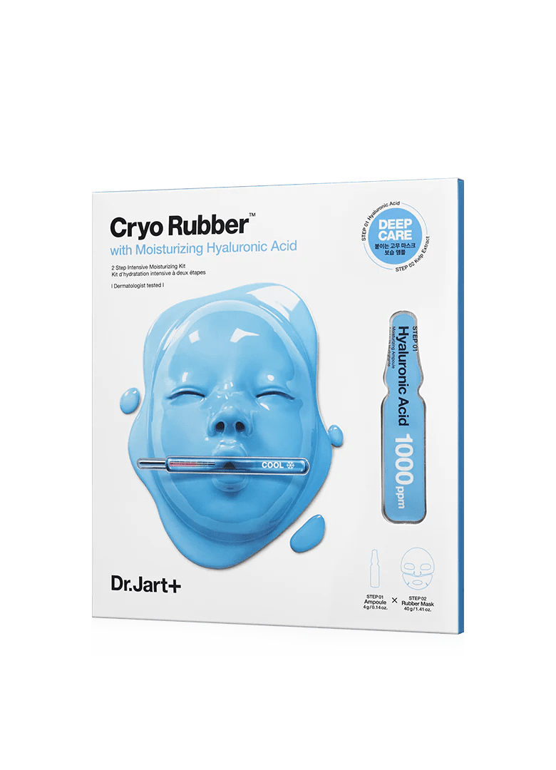 Dr.Jart+ CRYO RUBBER WITH MOISTURING HYALURONIC ACID 44ml blue cooling face mask packaging with serum vial