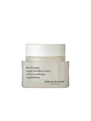Minimalist white jar of vegan blending cream with simple black text emphasizing hydration boost benefits