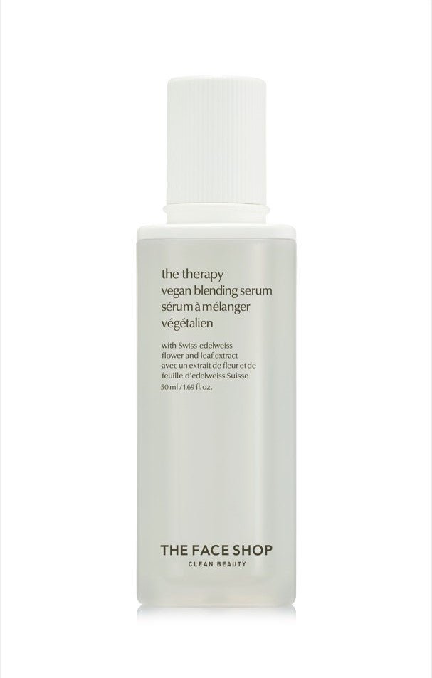Minimalist white bottle of hydrating vegan blending serum with black text and ribbed white cap on plain background