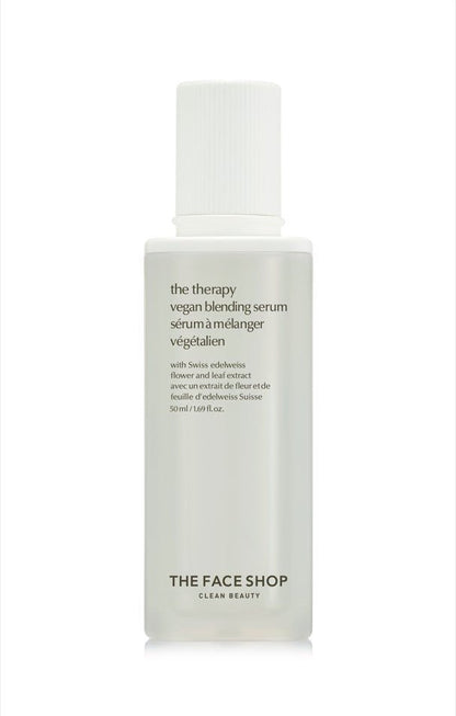 Minimalist frosted bottle of vegan blending serum with white cap and black text highlighting hydration benefits