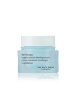 Light blue jar of vegan moisture blending cream with white lid and minimal black text on white background