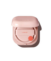 LANEIGE New Neo Cushion Glow SPF46 PA++ 15g compact in soft pink with applicator highlighting long-lasting hydration benefits