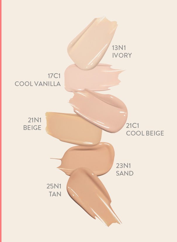 LANEIGE New Neo Cushion Glow SPF46 PA++ 15g swatches in neutral to warm shades demonstrating long-lasting hydration benefits