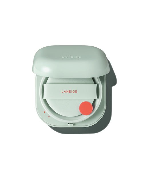 LANEIGE New Neo Cushion Matte SPF46 PA++ 15g in mint green compact with lightweight formula and coral puff accent
