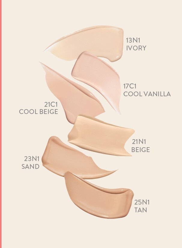 LANEIGE New Neo Cushion Matte SPF46 PA++ SET (15g+15g Refill) foundation swatches in six neutral matte shades on beige background