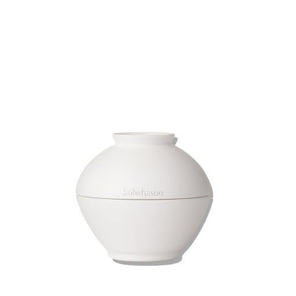 Minimalist white spherical jar of eye cream with smooth matte finish and subtle brand embossing on plain background
