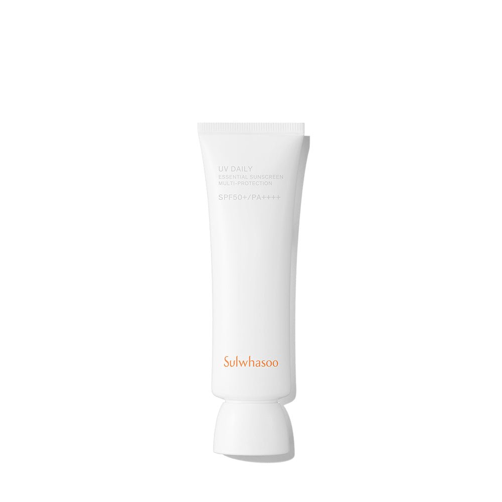 Minimalist white tube of Sulwhasoo daily sunscreen with SPF50+ and broad-spectrum protection on plain white background