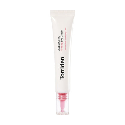 Torriden Cellmazing Small Molecule Collagen Firming Eye Cream 30ml in white tube with pink applicator for firmness boost