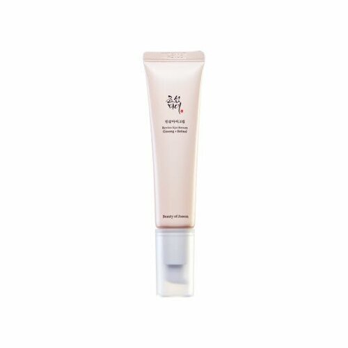 Light beige tube of Revive Eye Cream with ginseng and retinal ingredients for wrinkle improvement on white background