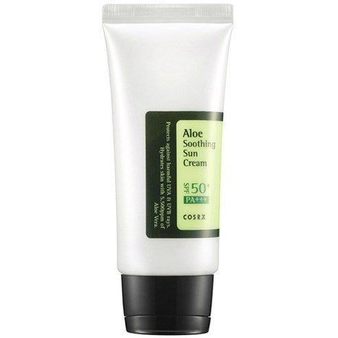 White tube of aloe soothing sun cream with SPF50+ PA+++ protection and black flip cap on white background