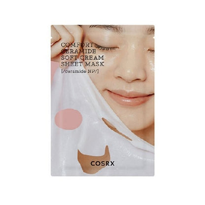 Woman gently peeling off a translucent soft cream sheet mask promoting soothing hydration benefits