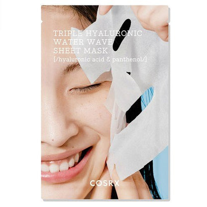 Close-up of a smiling woman gently applying a translucent hydrating sheet mask with water wave texture on her face