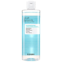 Clear bottle of gentle micellar cleansing water with blue label highlighting low pH and niacinamide benefits