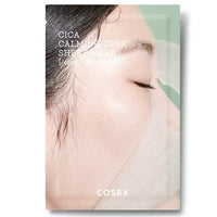 Close-up of a woman wearing a soothing calming sheet mask promoting a moisturizing complex effect