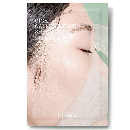 Close-up of a woman wearing a soothing calming sheet mask promoting a moisturizing complex effect