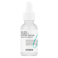 Frosted glass dropper bottle of gentle exfoliating AHA BHA vitamin C booster serum with minimal white label design