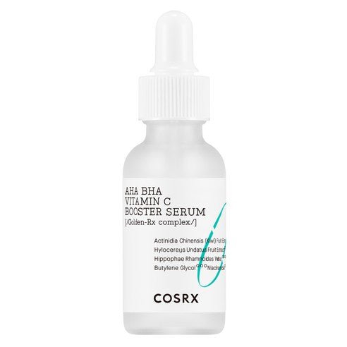 Frosted glass dropper bottle of gentle exfoliating AHA BHA vitamin C booster serum with minimal white label design
