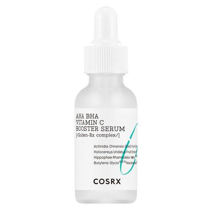 Frosted glass dropper bottle of gentle exfoliating AHA BHA vitamin C booster serum with minimal white label design