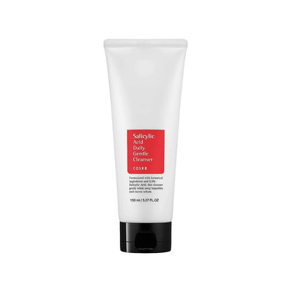 White tube of gentle cleanser with red label and black cap on a plain white background