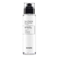 Clear bottle of peptide serum with black pump cap and minimalist white label highlighting skin-boosting ingredients