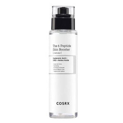 Clear bottle of peptide serum with black pump cap and minimalist white label highlighting skin-boosting ingredients