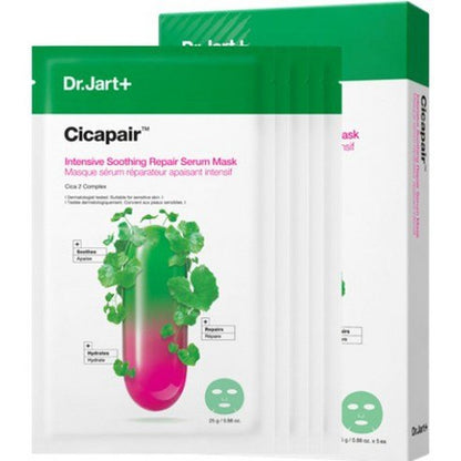 Dr.Jart+ CICAPAIR™ SENSITIVE SKIN SERUM FACE MASK FOR REDNESS (5 Sheets) with hydration boost in green and white packaging