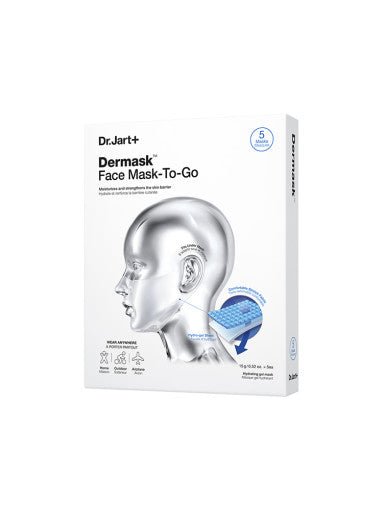 Dr.Jart+ Dermask Face Mask To Go (5 Sheets) box with modern face illustration and hydration features highlighted