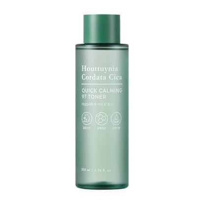 Matte green cylindrical toner bottle with white text highlighting quick calming and deep moisture benefits