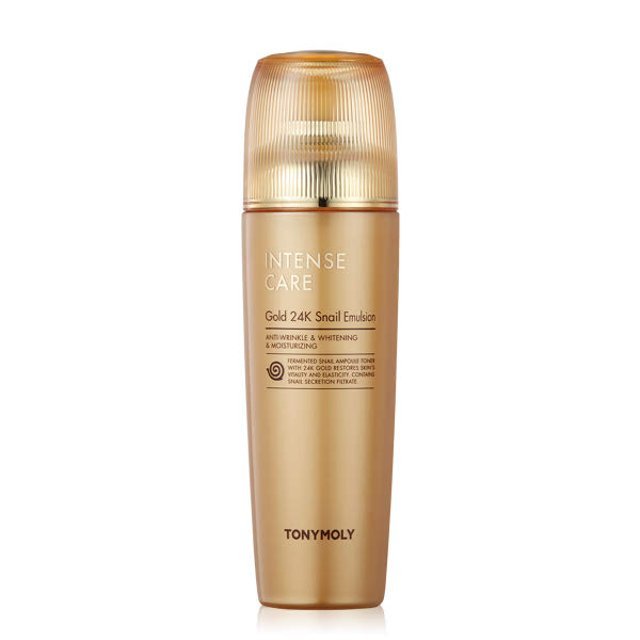 Tall gold bottle of emulsion with sleek ridged cap designed to revitalize skin and enhance moisture balance
