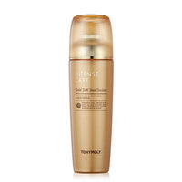 Elegant gold bottle of snail emulsion designed to revitalize and improve skin vitality and elasticity
