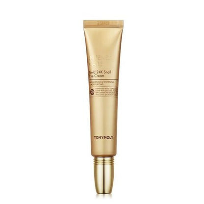 Gold-toned tube of anti-wrinkle eye cream with sleek design, highlighting nourishing snail and brightening benefits