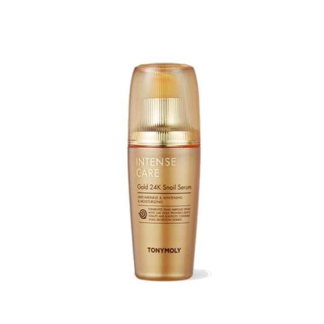 Gold-toned bottle of intense care serum with moisturizing and anti-wrinkle benefits for hydrated skin boost