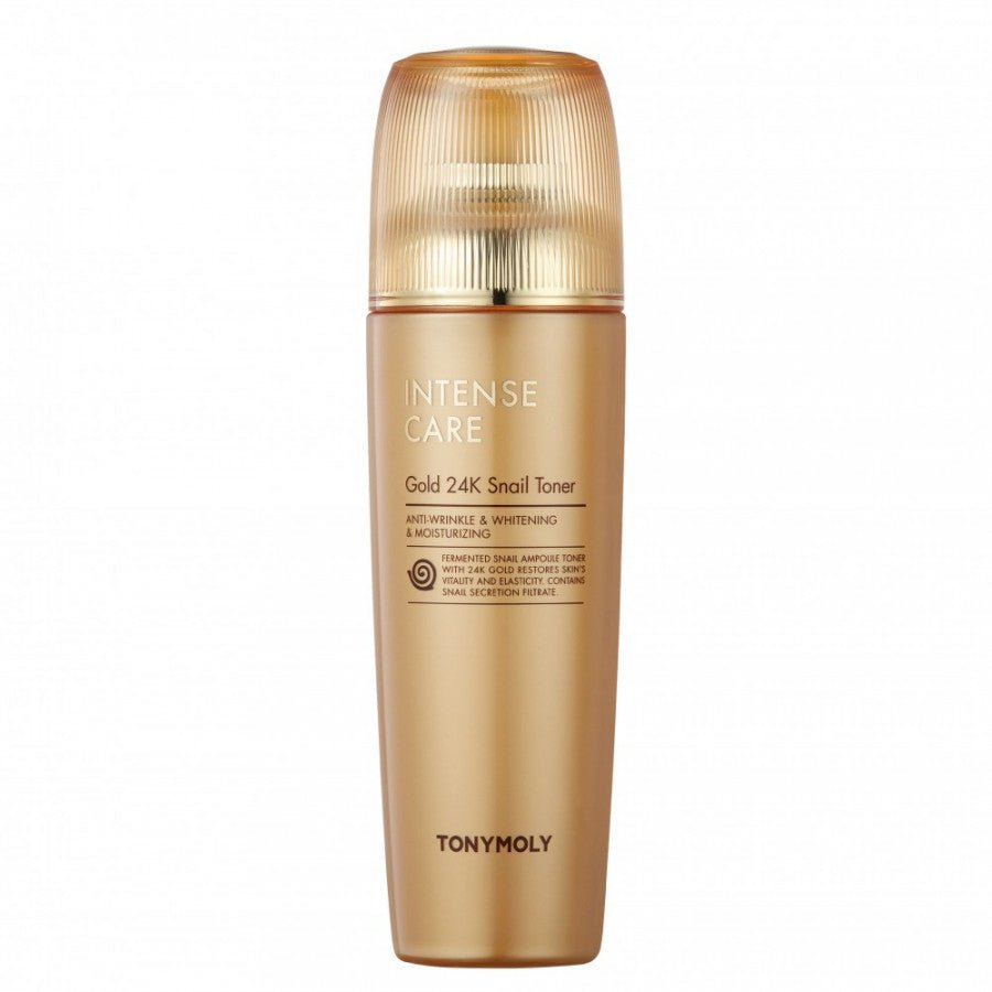 Matte gold bottle of snail toner with anti-wrinkle and moisturizing properties on white background