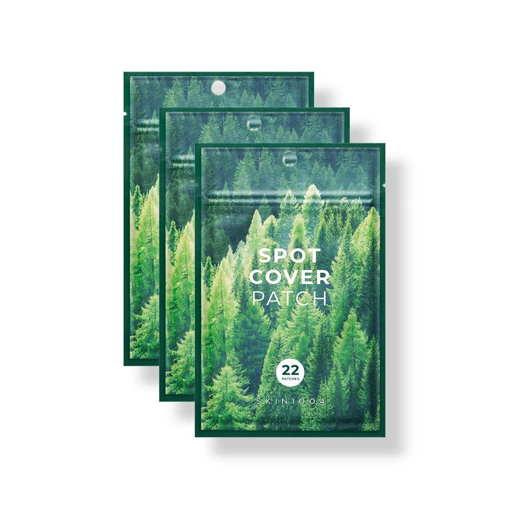 Three green forest-themed resealable pouches of dermatologically tested spot cover patches with 22 patches each