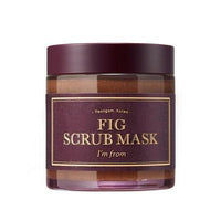 Brown jar of gentle exfoliating fig scrub mask with dark plum lid and gold-bordered label on white background