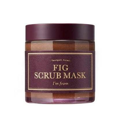 Brown jar of gentle exfoliating fig scrub mask with dark plum lid and gold-bordered label on white background