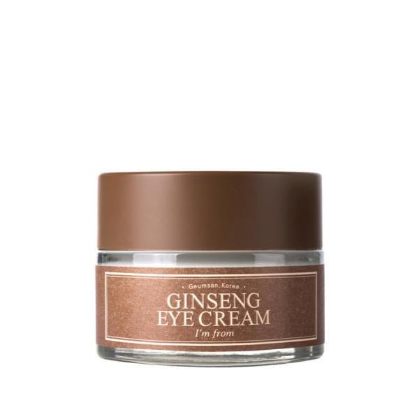 Brown jar of wrinkle-improving eye cream with simple label and smooth matte lid on white background